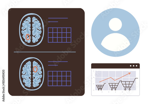 Brain scan images, user icon, and e-commerce shopping cart chart with growth graph. Ideal for neuroscience, consumer behavior, data analysis, online shopping, psychology decision-making research. A
