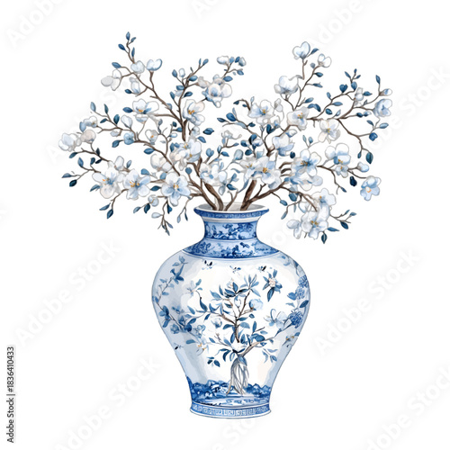 Watercolor Blue and White Chinoiserie Porcelain Vase with Blossoms Vector Illustration