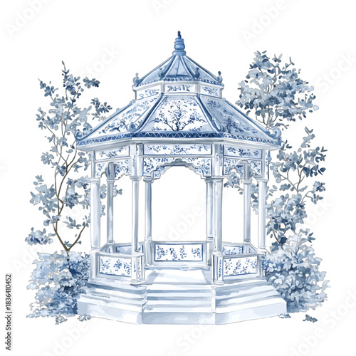Watercolor Blue and White Chinoiserie Garden Gazebo Pavilion Vector Illustration