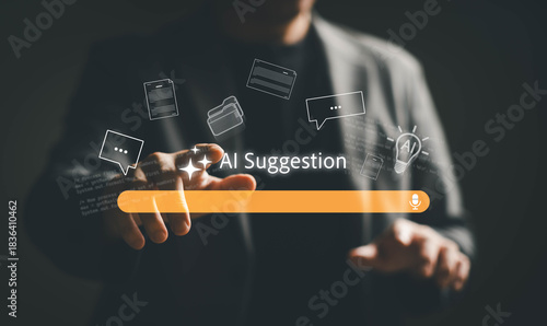 Business person using AI command with smartphone to create voice prompt for process automation without typing. Artificial intelligence for voice bot command AI suggestion technology.