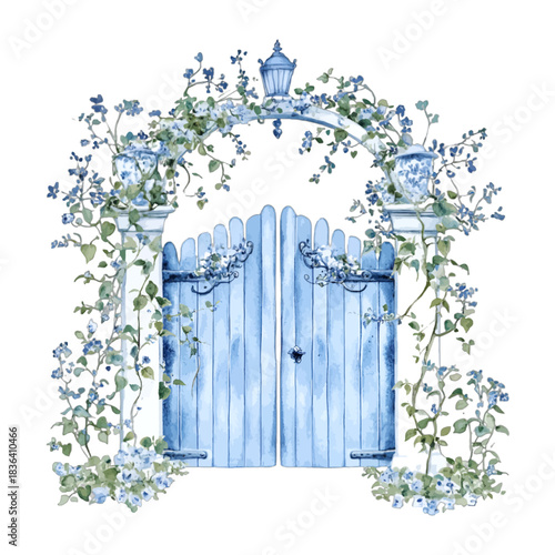 Watercolor Blue Wooden Garden Gate Arch with Forget-Me-Not Flowers Vector Illustration