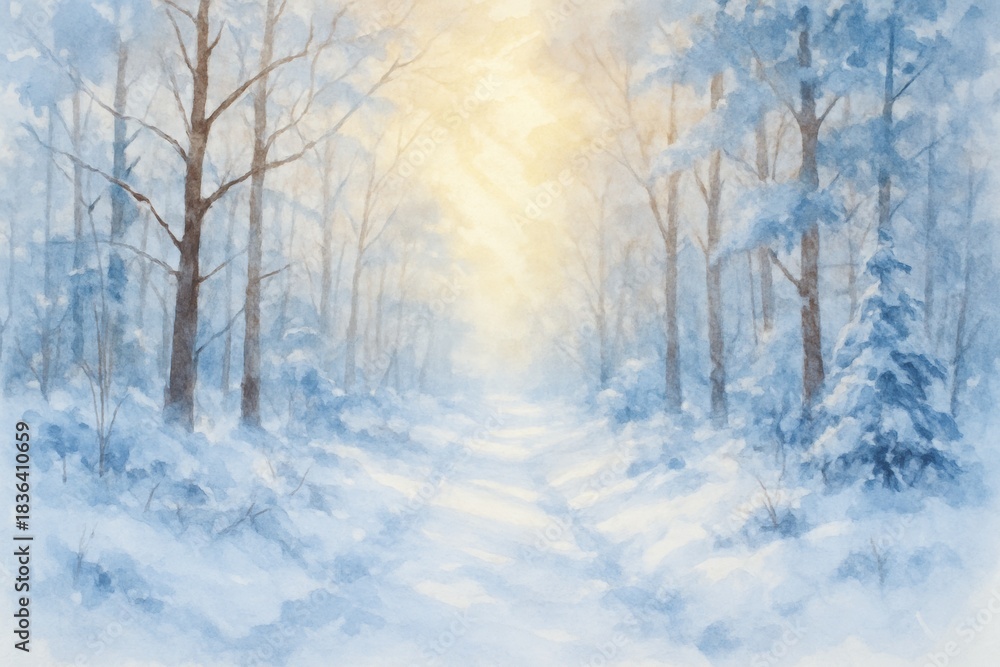 Obraz premium Watercolor painting of a snow-covered forest path with sunlight