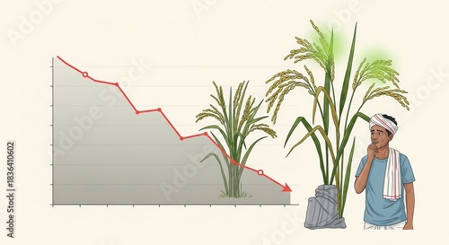 Farmer facing crop yield decline, examining rice plants with worry, illustrating agricultural challenges and market price volatility in rural areas.