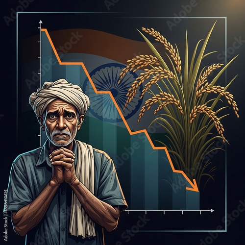 Distressed Indian farmer faces declining crop yields and financial hardship amidst challenging agricultural market conditions in India, with Indian flag backdrop