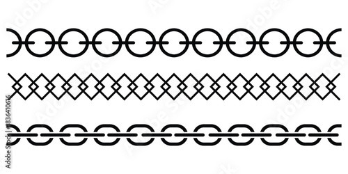 Chain brush set. Metal chain vector. Chain pattern brush set. Realistic Strong Linked Chain Vector. Seamless metal chain in black.