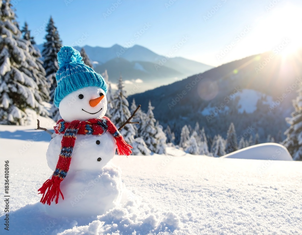 Obraz premium Sunny winter scene featuring a cheerful snowman in snowy landscape