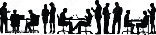 Business People Silhouette Vector Collection, Office Meeting, Working, and Communication Poses, Corporate Staff Teamwork and Management Graphics Set