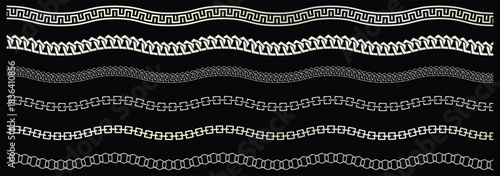 Set seamless chain link. Different metal chains silhouette black isolated on background.