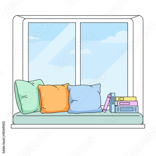Cozy window seat with colorful cushions and stacked books  