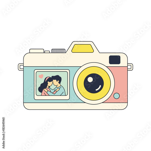 Colorful camera illustration featuring couple in love on display  