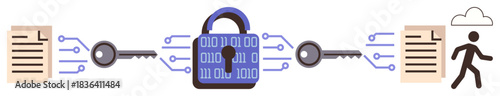 Lock securing binary data flanked by keys unlocking documents movement to cloud storage. Ideal for cybersecurity, encryption, digital privacy, data safety, network, cloud, technology. Simple flat