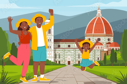 A cheerful family stands in front of a stunning landmark, celebrating together. Their joy and interaction highlight the importance of family bonding during adventures.