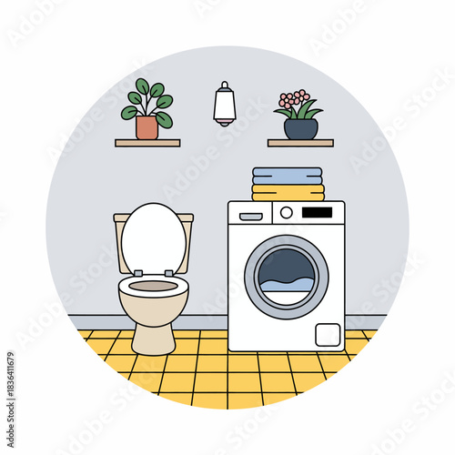A cozy laundry area showcases a washing machine next to a toilet, complete with green plants and wall art, presenting a quaint yet modern blend of home necessities.