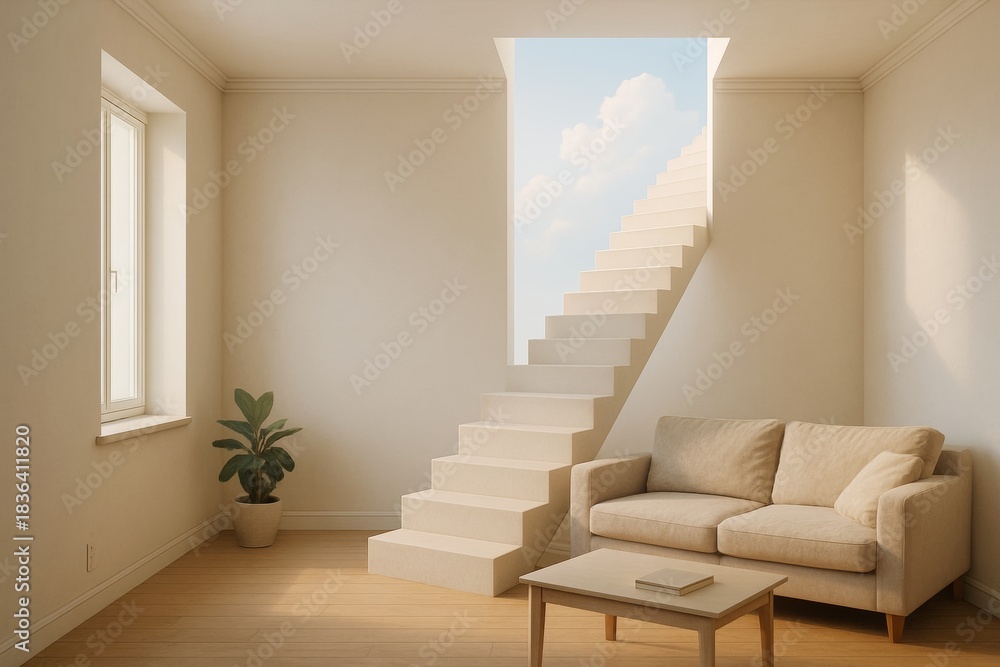 Obraz premium Modern living room with stairs leading to the sky and a cozy sofa