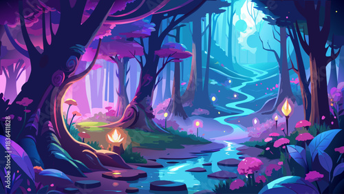 A surreal enchanted forest with glowing trees, misty pathways, and vibrant dreamlike colors. Mystical digital art landscape creating a magical escape filled with fantasy light, depth, and ethereal