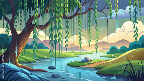 A tranquil rainy-day landscape framed by overhanging willow branches near a quiet river. Vibrant greenery, falling raindrops, and soft light create a calming, serene outdoor atmosphere