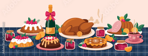 Christmas Dishes on Holiday Table with Traditional Winter Feast Food and Drinks