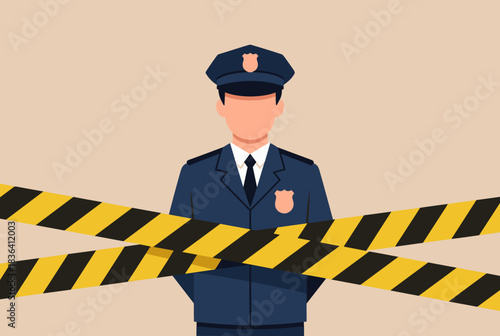 A police officer in uniform standing behind crossed yellow and black caution tape, indicating a restricted area or crime scene.