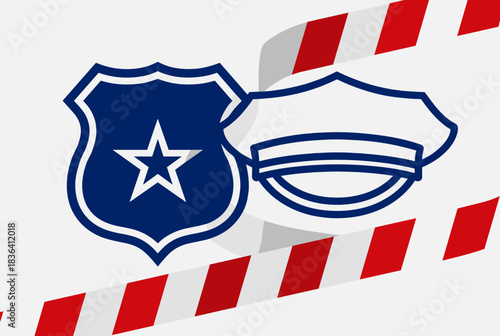 Blue police shield with a star and a police cap with red and white caution tape.