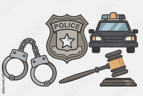 A collection of law enforcement and justice symbols including handcuffs, police badge, police car, and a judge's gavel.