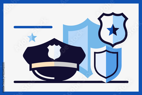 Illustration of a police officer's cap and various shield badges, symbolizing law enforcement and security.