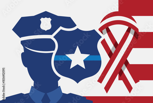 An illustration depicting a police officer's silhouette with a badge featuring a blue line and star, alongside a red and white striped ribbon, symbolizing law enforcement support and patriotism.