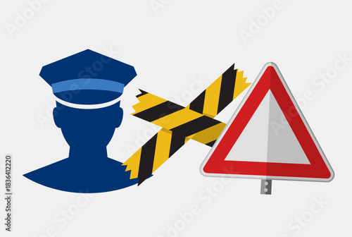 An illustration featuring a police officer silhouette, crossed yellow and black caution tape, and a red and white triangular warning sign.