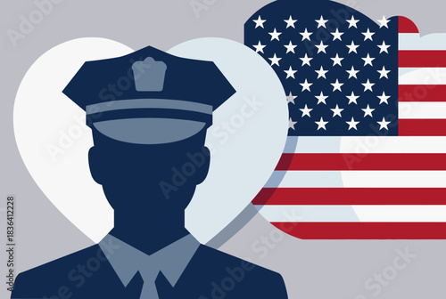 Silhouette of a police officer in uniform with an American flag and a heart shape, symbolizing support for law enforcement.
