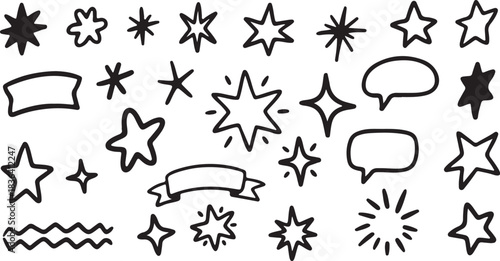 Hand-drawn black and white starburst shapes and speech bubbles vector illustration. This vector shows hand-drawn starburst shapes and speech bubbles in black and white, arranged in a scattered pattern