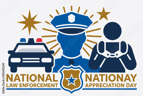 A graphic celebrating National Law Enforcement Appreciation Day, featuring a police officer, patrol car, and handcuffs, with stars and a badge.