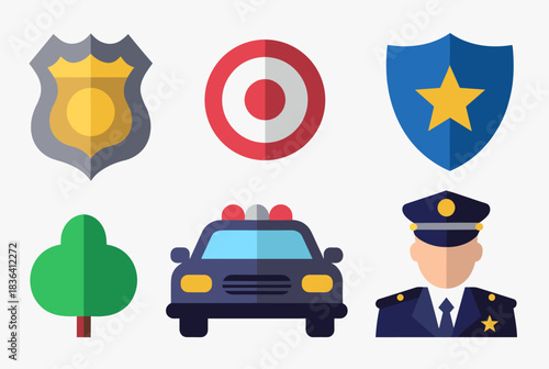 Flat design icons representing police, security, and law enforcement elements including badges, a police car, and an officer in uniform.