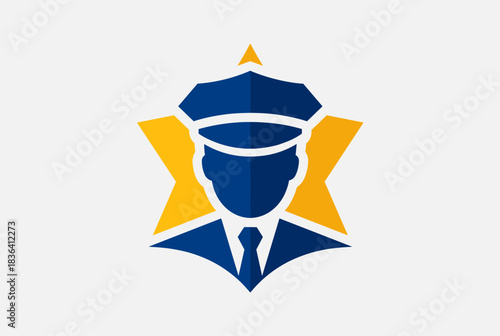 A stylized blue police officer icon with a yellow star background, representing law enforcement and security.