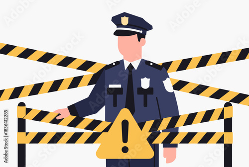 Police officer standing behind caution tape at a restricted area with a warning sign.