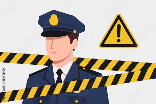 An illustration of a police officer in uniform with yellow caution tape and a warning sign, representing law enforcement and crime investigation.