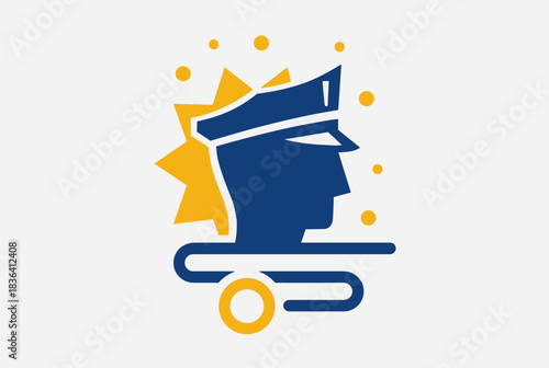 Stylized icon of a police officer's head wearing a cap, with a shining star behind it, representing law enforcement and security.