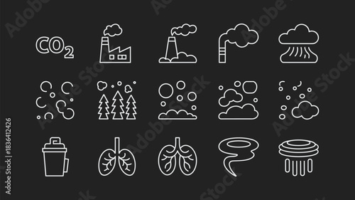 Pollution and Climate Change Icon Set Air Quality Environment Impact Vector