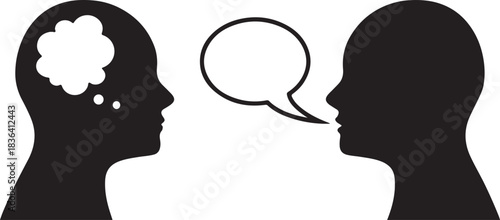 Vector illustration of people who think and talk, symbol or icon of head with thought and speech bubble
