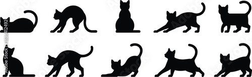 Collection of Ten Cat Silhouettes in Various Poses, Including Sitting, Stretching, and Prowling, Black Graphics for Pet, Animal, and Veterinary Design