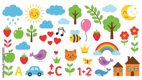 Cute and colorful collection of cartoon kids' education icons: nature, animals, house, car