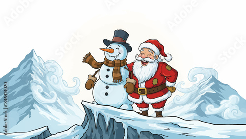 joyful snowman stands next to Santa Claus on a snowy mountain ridge with dramatic peaks and crisp winter skies, creating a strong Christmas adventure mood
