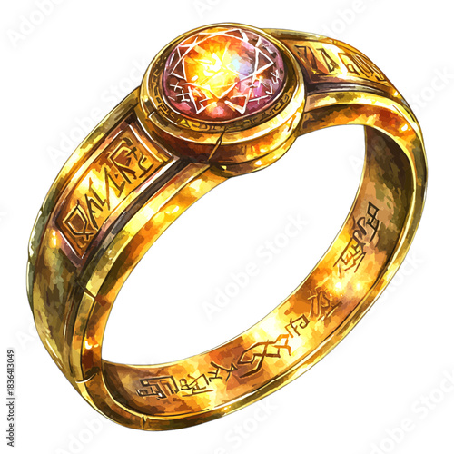 Majestic Ornate Gold Fantasy Ring with Glowing Red Gemstone Vector Illustration
