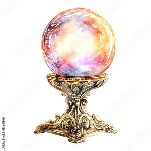 Detailed Mystical Crystal Ball on Ornate Golden Stand Vector Illustration