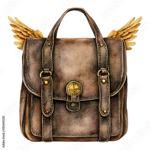 Title: Vintage Brown Leather Satchel Briefcase Bag with Golden Wings Vector Illustration
