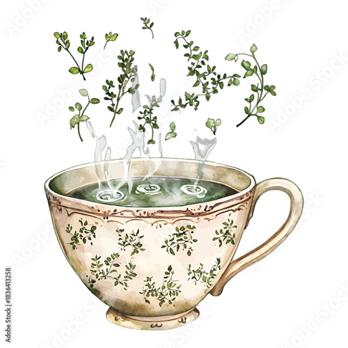 Watercolor Herbal Tea in Vintage Teacup
