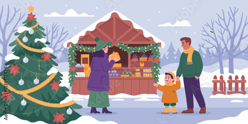 Christmas Market with Shopping People and Festival Tree on City Square Vector Illustration