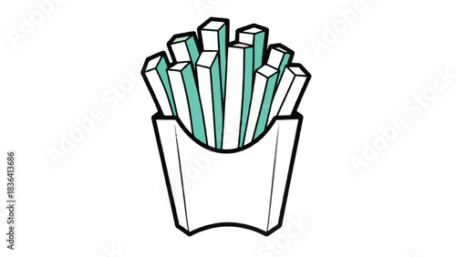 Stylized illustration of french fries in a paper container.