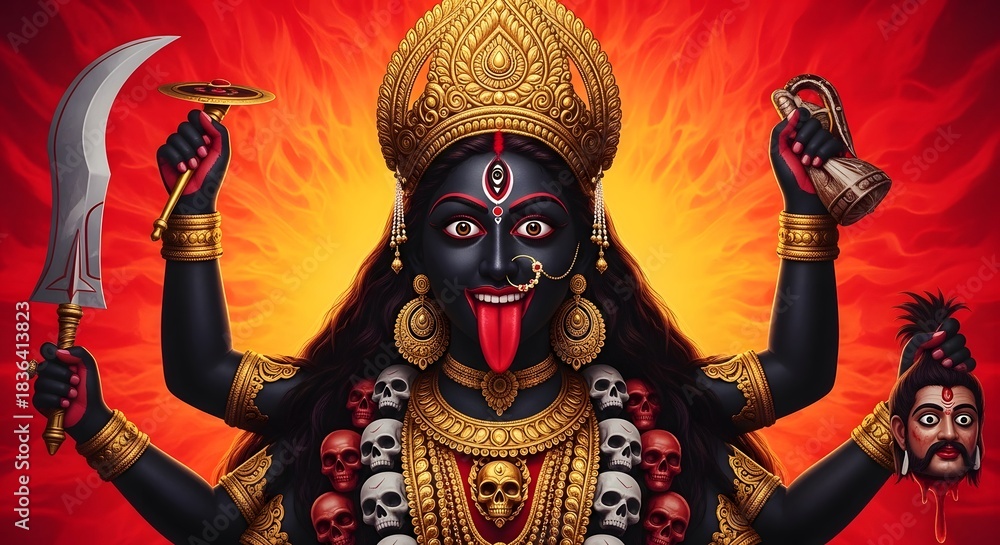 Fototapeta premium Hindu Goddess Kali Illustration, Sword, Skulls, Symbolism, Spirituality, Power