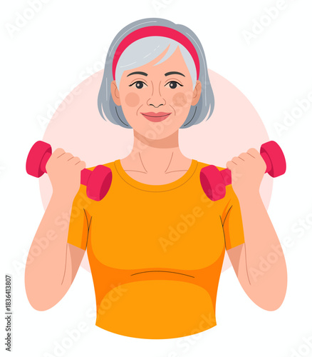 A happy senior woman holding dumbbells, promoting fitness and healthy living for older adults, showcasing strength, vitality, and an active lifestyle.