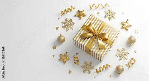 Elegant golden gift box adorned with a satin bow, surrounded by festive ornaments like snowflakes, stars, and ribbons on a clean white background