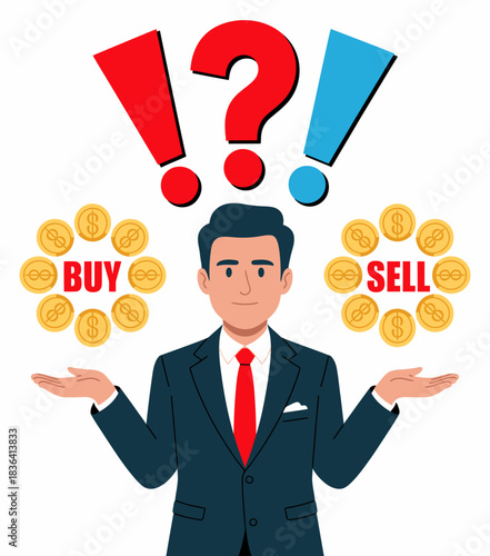 A businessman stands deliberating between buying and selling in a financial context, emphasizing decision-making, investment strategies, and market dynamics prevalent in trading.